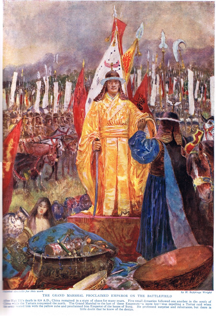 Velký maršál vyhlášený císařem na bitevním poli, ilustrace z „Hutchinsonových dějin národů“, kolem roku 1920 od Henry Charles Seppings Wright