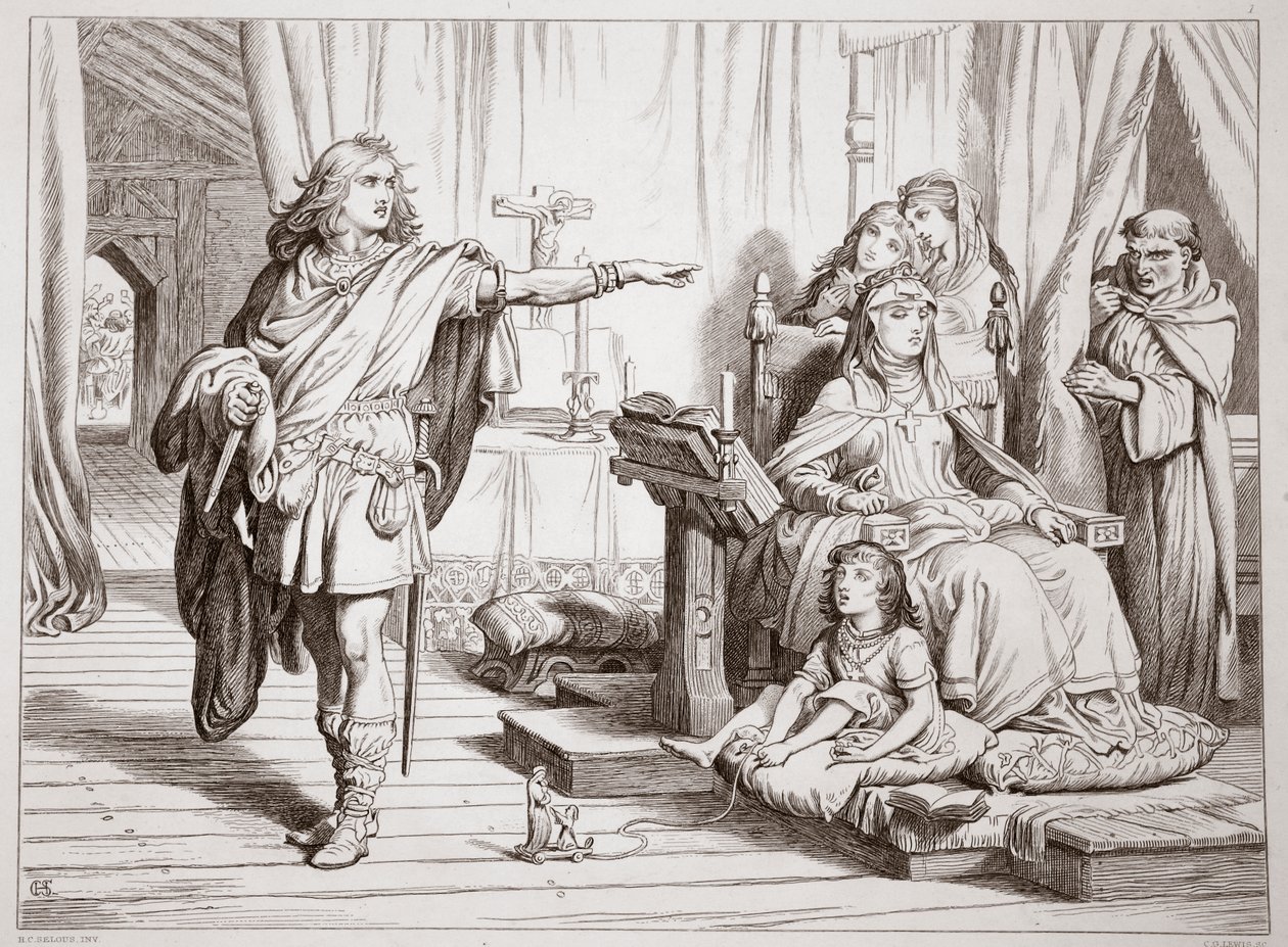 Herewardův rozhovor s matkou a knězem Herluinem, ilustrace z knihy Hereward the Great od Charlese Kingsleyho, vyd. 1870, vyryl C. G. Lewis (rytina z ocelové desky) od Henry Courtney Selous