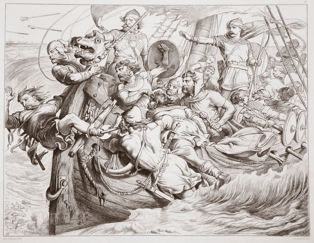 Jak Hereward řídí svou loď na flanderském pobřeží, ilustrace z knihy Hereward the Great od Charlese Kingsleyho, vyd. 1870, vyryl C. G. Lewis (rytina z ocelové desky) od Henry Courtney Selous