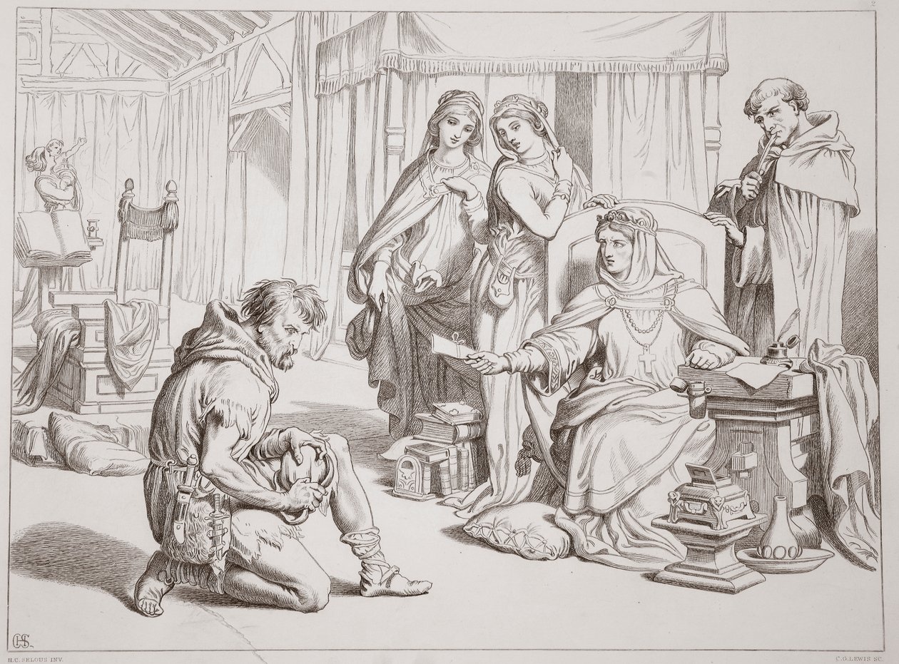 Martin Lightfoot se zavazuje, že bude nositelem dopisu hraběti Leofricovi, ilustrace z Hereward the Great od Charlese Kingsleyho, hospoda. 1870, vyryl C.G. Lewis (rytina ocelového plechu) od Henry Courtney Selous