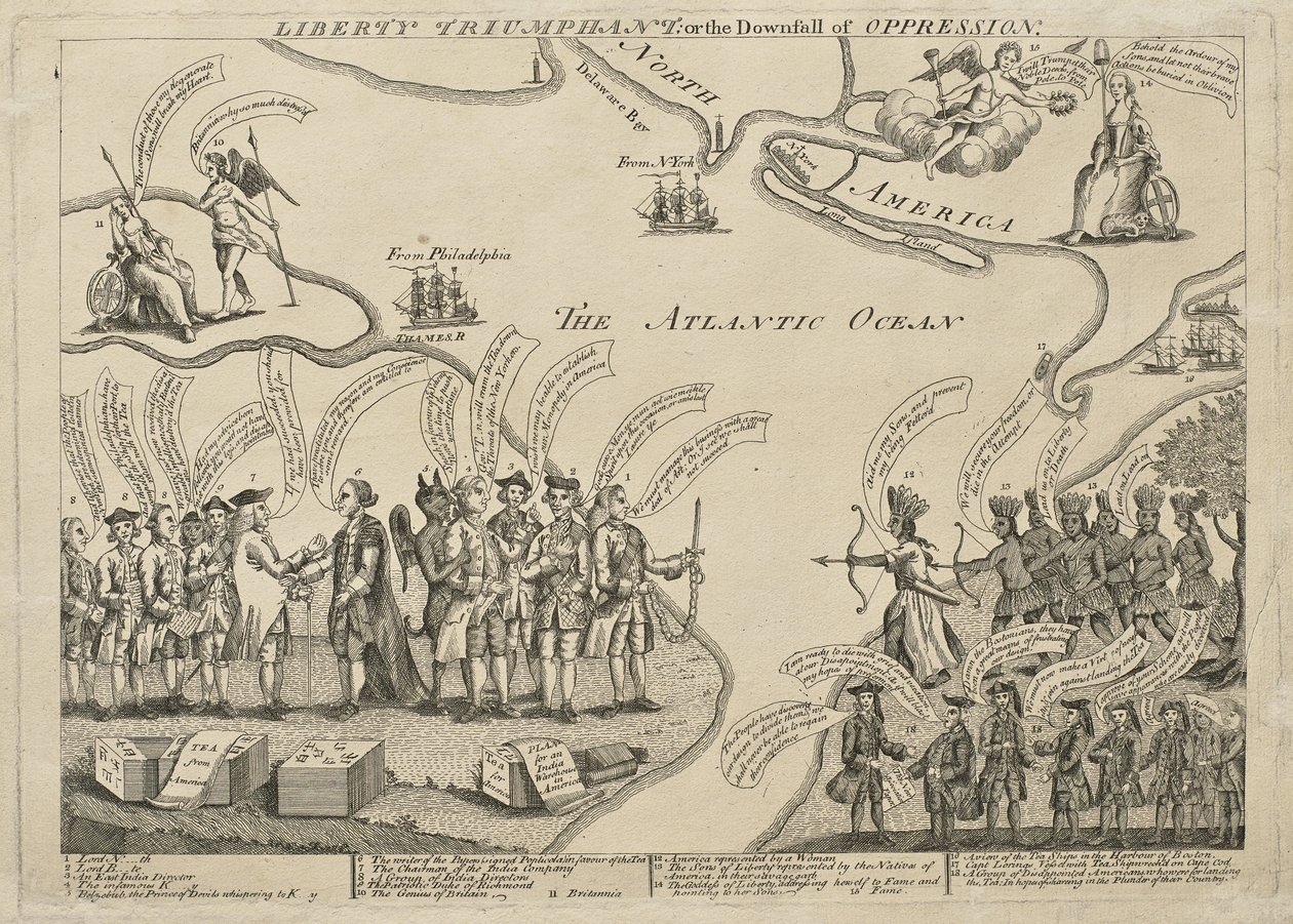 Liberty Triumphant (neboli The Downfall of Oppression), c. 27. prosince 1779-před dubnem 1774 (rytina (nekolorovaná) a lept na položený papír) od Henry Dawkins