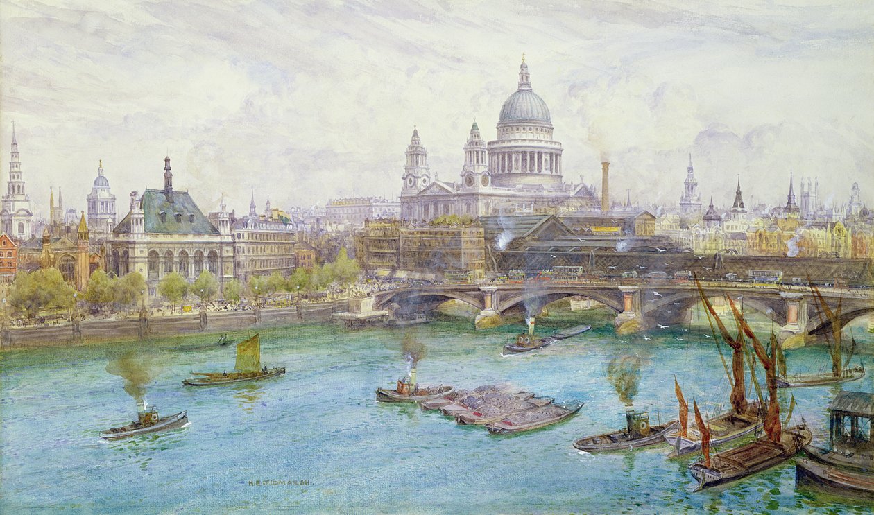 Pohled od jihu na katedrálu svatého Pavla, most Blackfriars Bridge a školu City of London s loděmi na Temži, asi 1921 od Henry Edward Tidmarsh