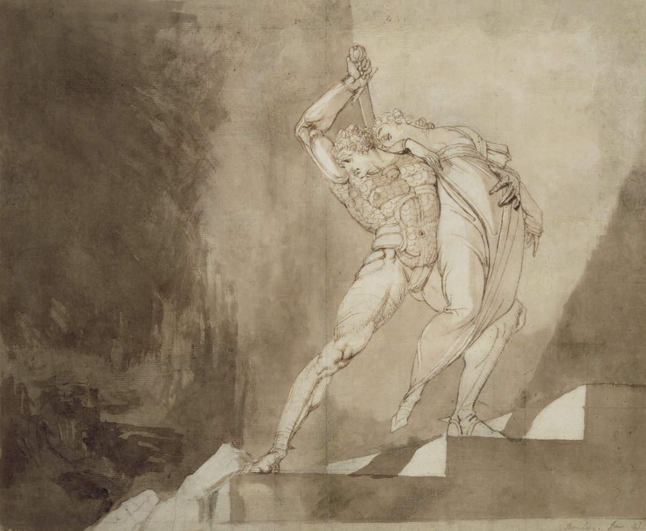 A Warrior Rescue a Lady, 1780-85 (pero, inkoust a mytí na papíře) od Johann Heinrich Füssli