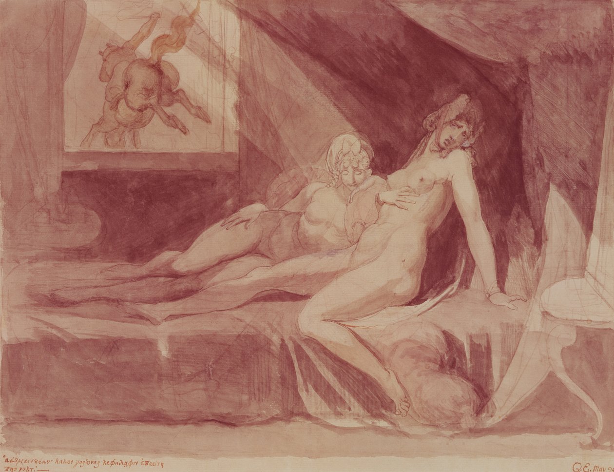 The Nightmare Leaving Two Sleeping Women, 1810 (grafit a wc na papíře) od Johann Heinrich Füssli