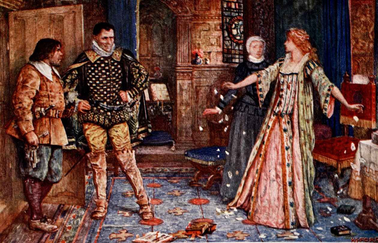 Elizabeth trhá dopis od Dudleyho, ilustrace z „Kenilworth“ od sira Waltera Scotta, vydaná v roce 1912 od Henry Justice Ford