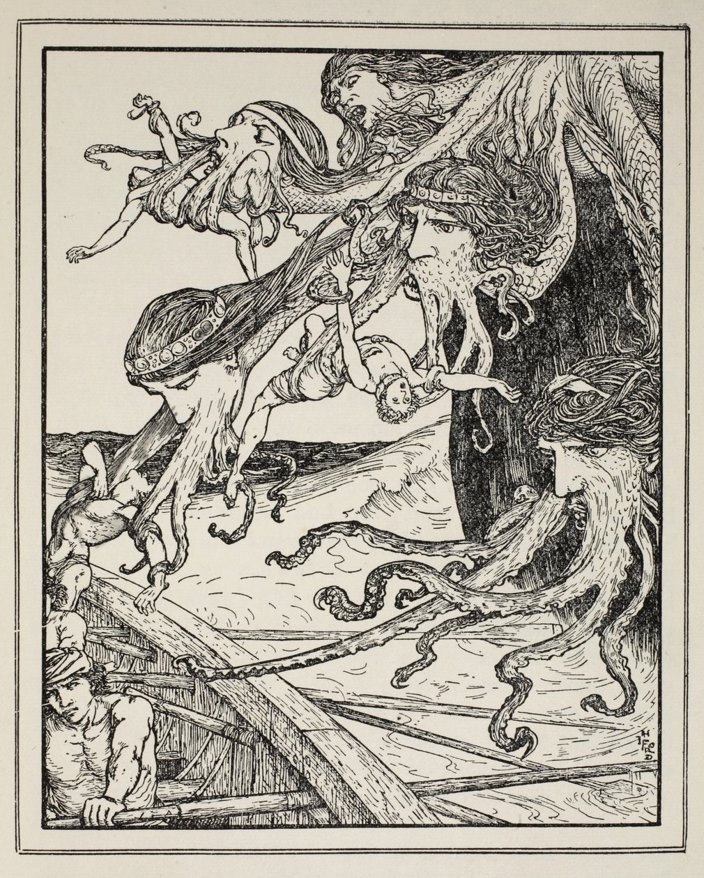 Dobrodružství se Skyllou, z knihy Andrew Langa "Příběhy řeckých moří", 1926 (tuš na papíře) od Henry Justice Ford