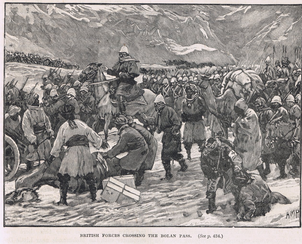 Britské síly překračující Bolan Pass, ilustrace z Cassellovy „Ilustrované historie Anglie“, vydané kolem roku 1910 od Henry Marriott Paget