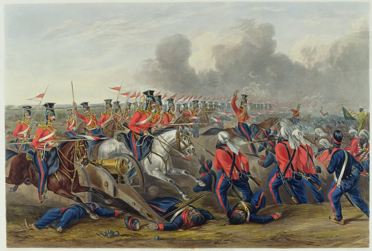 Obvinění 16. (královniných) kopiníků v bitvě u Aliwalu 28. ledna 1846 (barevná akvatinta) od Henry Martens