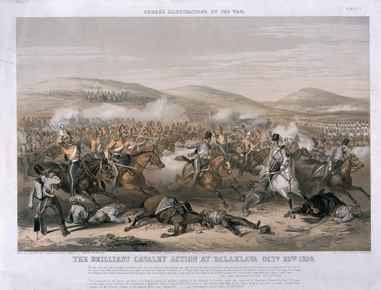 Brilliant Cavalry Action v bitvě u Balaclavy, 25. října 1854, vyryto Edmundem Walkerem, publikováno 1854 (tónované litho) od Henry Martens