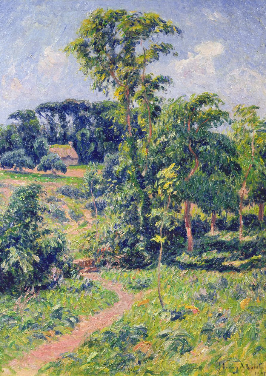 Krajina se stromy a cesta vedoucí k chatě od Henry Moret