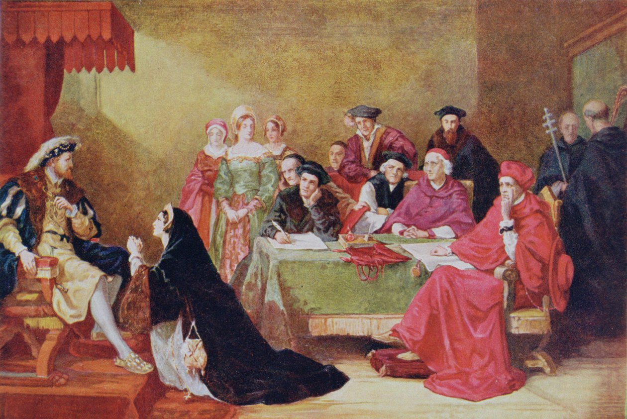Proces s Kateřinou Aragonskou (1485-1536), ilustrace z „Hutchinsonova příběhu britského národa“ od Henry Nelson O