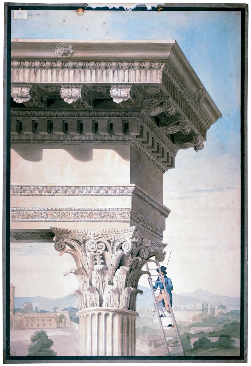 Student měřící chrám Castora a Polluxe v Římě, 1819 (čb na papíře) od Henry Parke