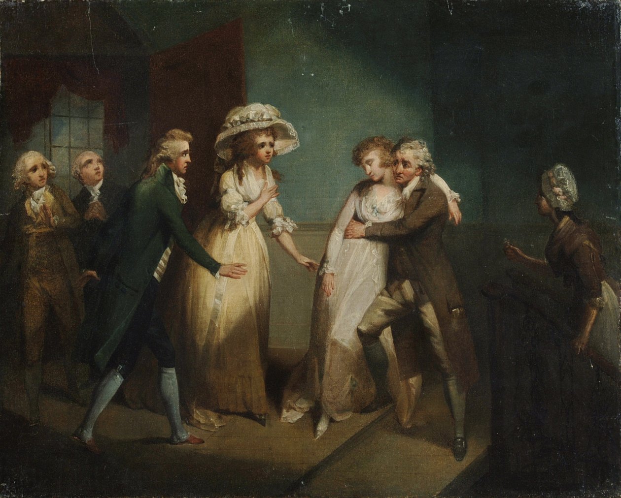 Camilla omdlévající v náručí svého otce, ilustrace scény z knihy "Camilla" aneb "Obraz mládí", vydané v roce 1796. od Henry Singleton