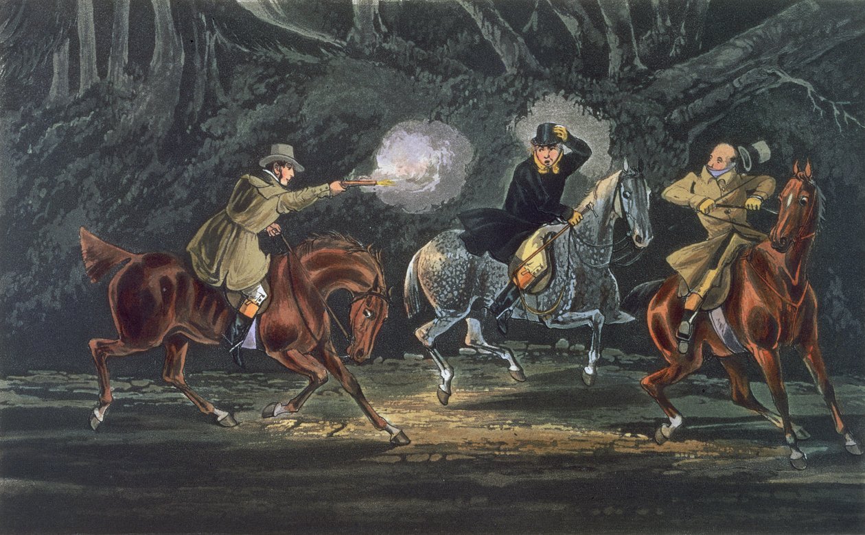 Stand and Deliver, akvatinta E. Duncan, pub. 1851, R. Ackermann (akvatinta) od Henry Thomas Alken