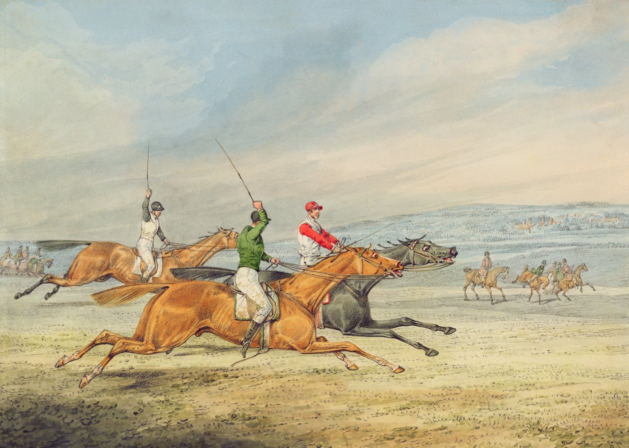 Steeplechasing: Tři jezdci cválající doprava, v pozadí sedící diváci (grafit a wc na papíře) od Henry Thomas Alken