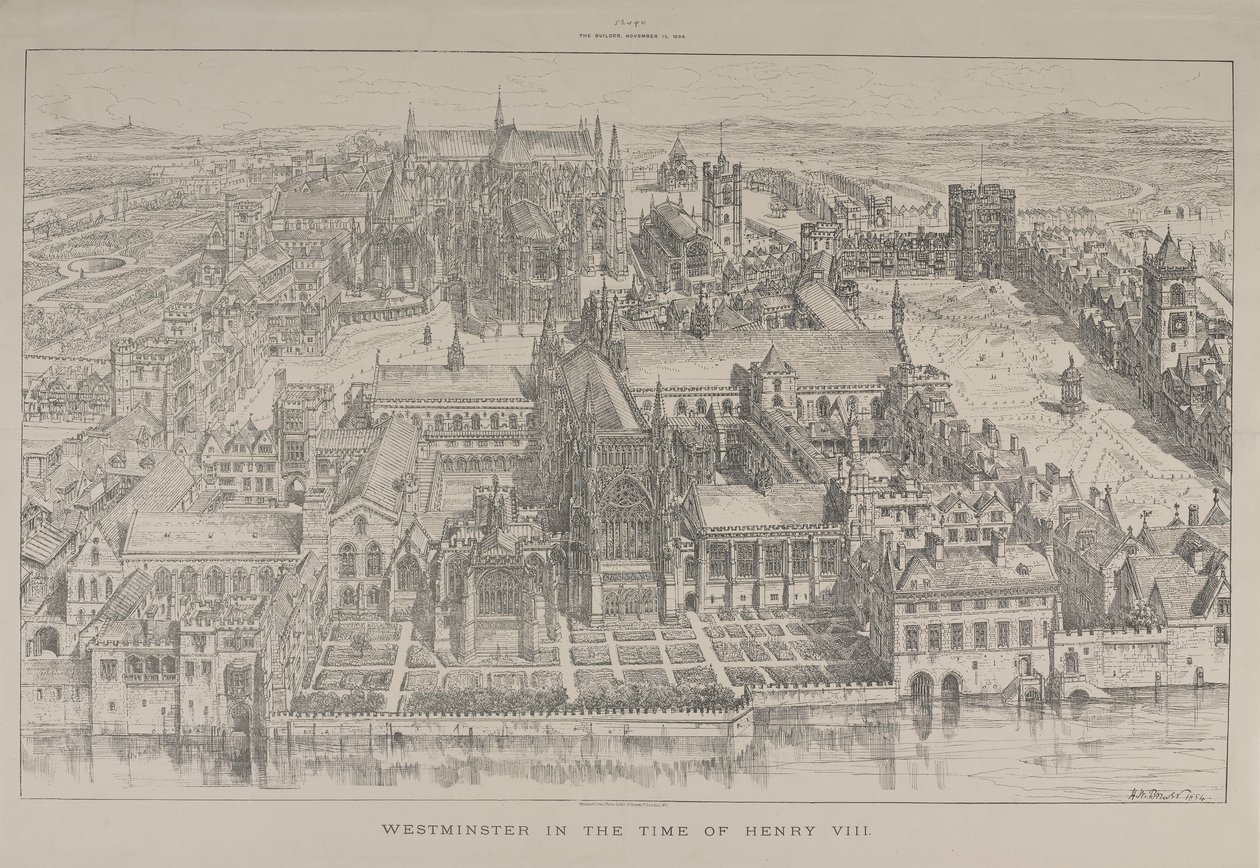 Letecký pohled na Westminsterské opatství a Westminsterský palác v době Jindřicha VIII., 1884 od Henry William Brewer