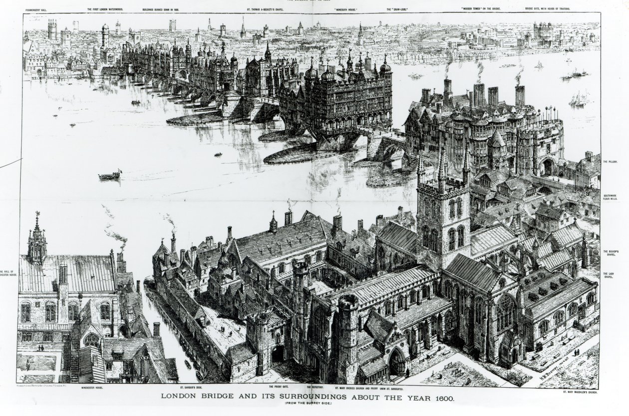 London Bridge a jeho okolí kolem roku 1600, ze „Starého Londýna, série kreseb ilustrujících Londýn v XVI. století“, 1884 od Henry William Brewer