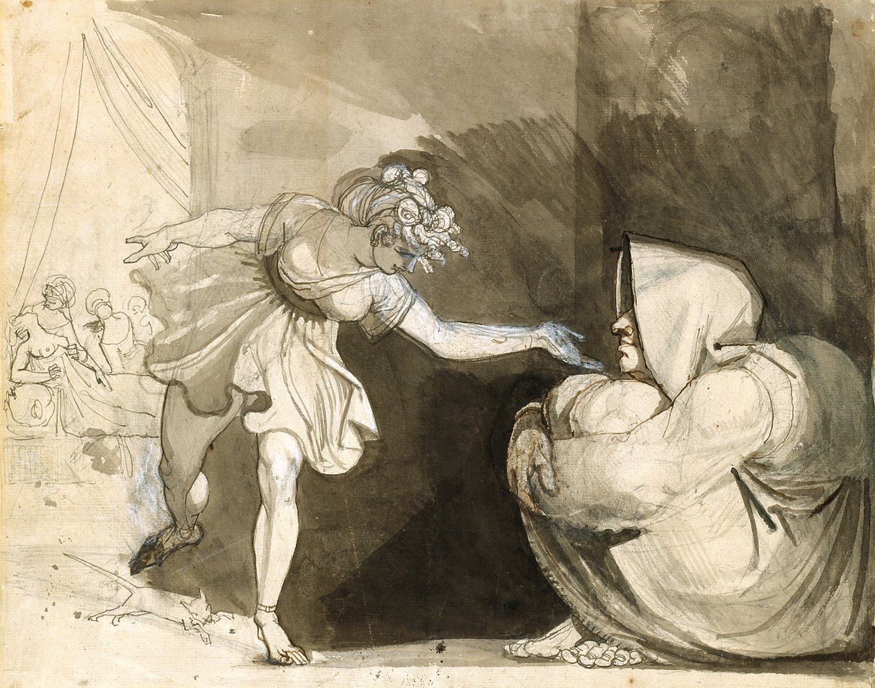 Galinthias přelstí Eileithyiu oznámením narození Hérakla (Verso: Portrét paní Fuseliové) (grafit, inkoust a inkoust se zvýrazní bílou barvou na bílém položeném papíře) od Henry (1741 1825) Fuseli