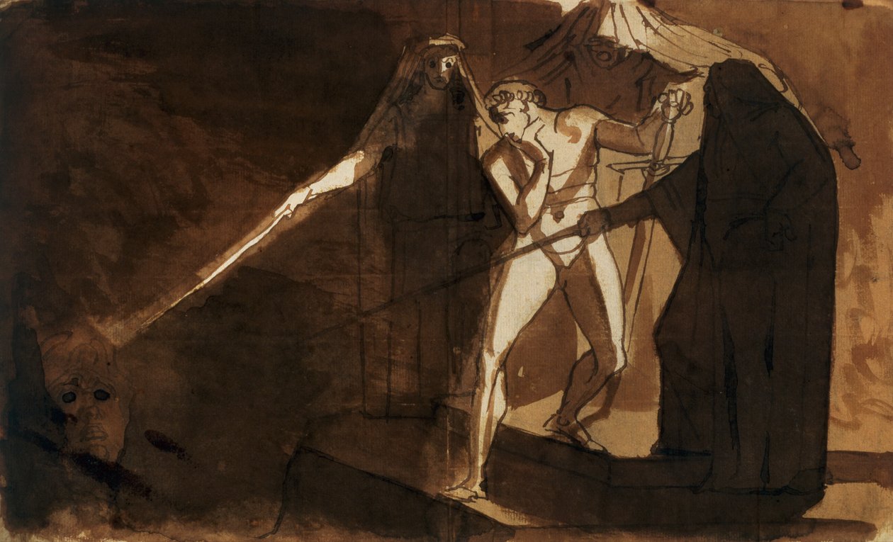 Macbeth a tři čarodějnice mu ukazují ozbrojenou hlavu (akvarel) od Johann Heinrich Füssli