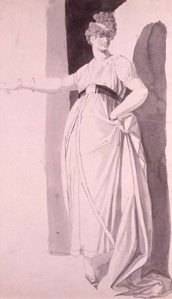 Mladá žena s propracovaným účesem stojící s nataženou pravou paží (tužka a mytí) od Johann Heinrich Füssli