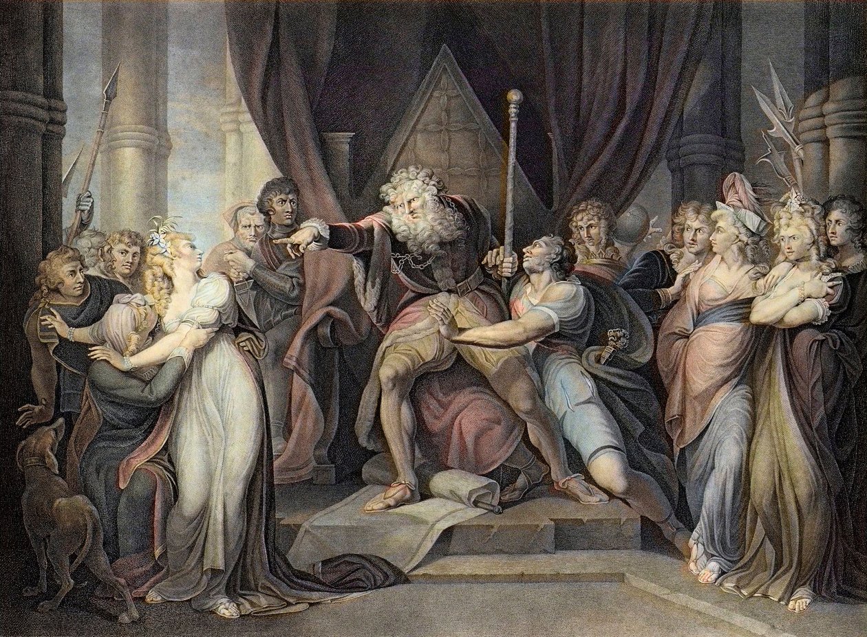 Shakespeare - Král Lear - Král Lear - I. dějství Scéna I. - Král Lear vyhání svou dceru Cordelii - rytina podle Henryho Fuseliho od Henry  Fuseli