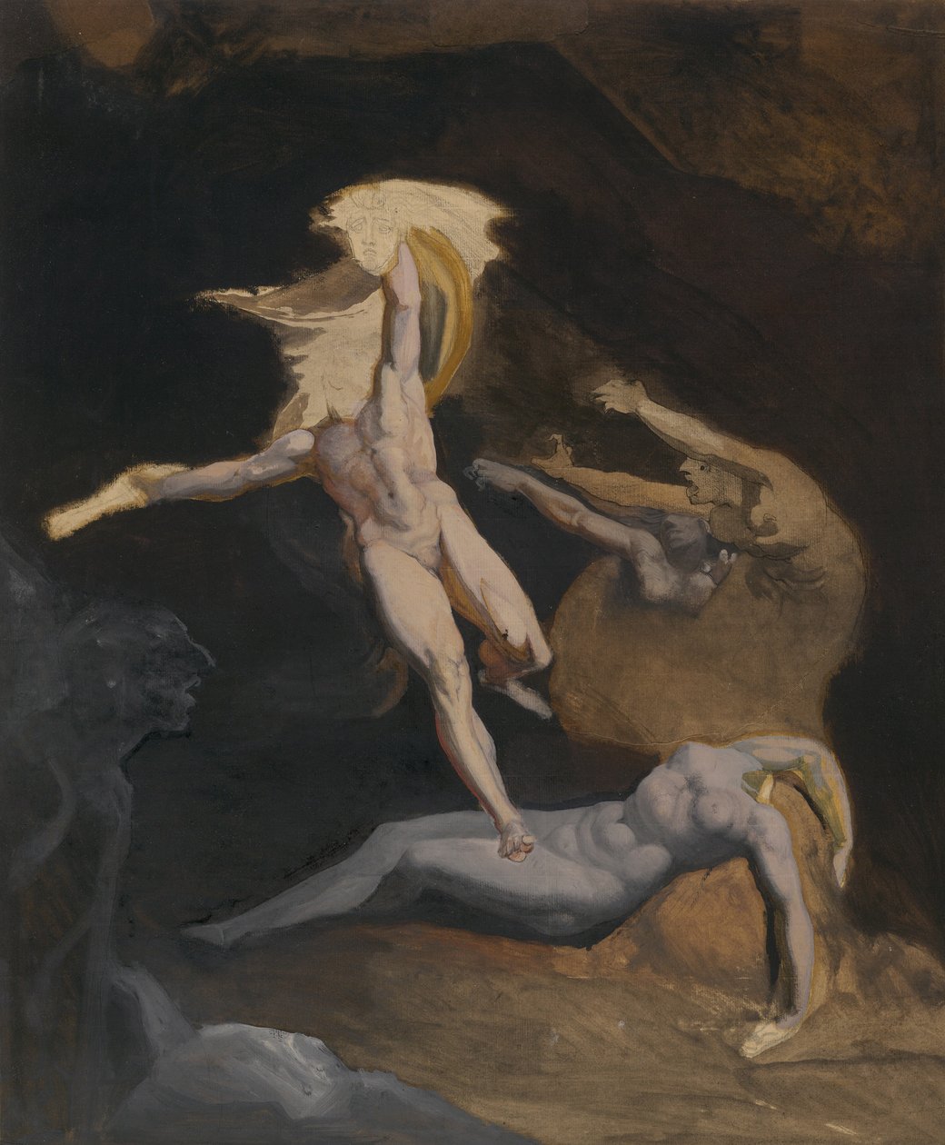 Perseus Slaying the Medusa (olejové a olejové mytí, přes grafit s doteky pera a černého inkoustu, na světle hnědém papíře, položeném na špinavě bílém japonském papíře) od Henry (1741 1825) (attr.to) Fuseli