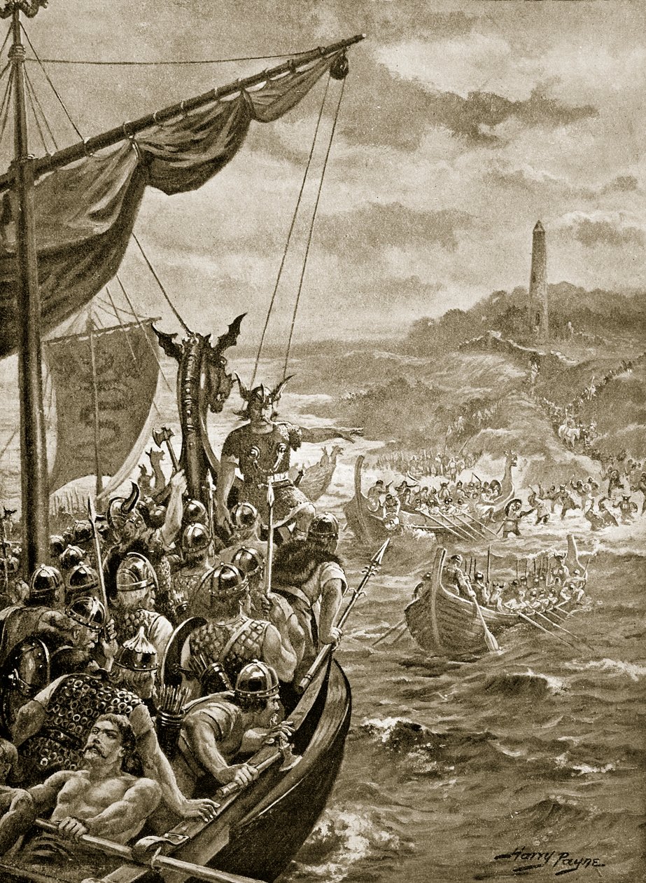Útok Dánů na Irsko, ilustrace z „Hutchinsonova příběhu britského národa“, kolem roku 1920 (litho) od Henry Payne