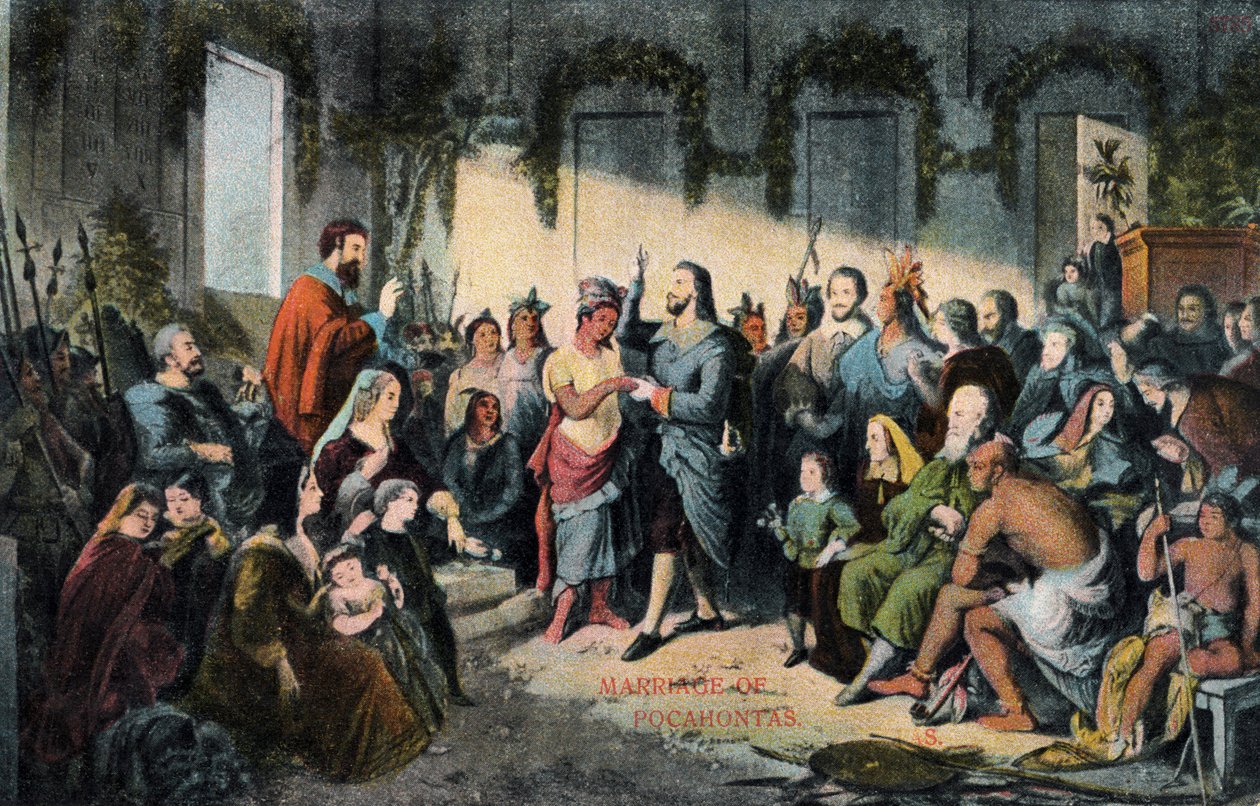 Sňatek Pocahontas a Johna Rolfa v Jamestownu v roce 1614 od Henry (after) Brueckner