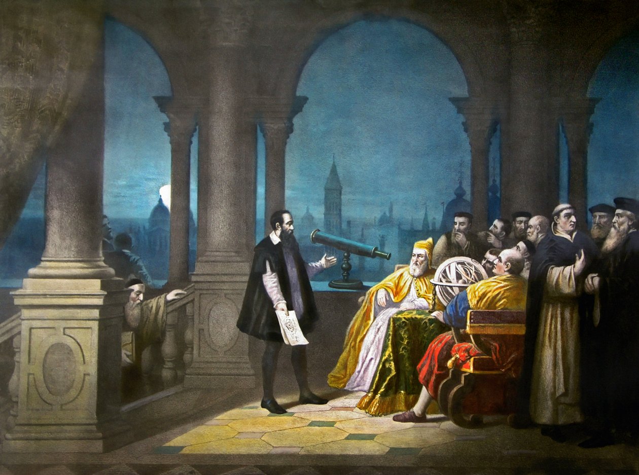 Galileo Galilei předvádí svůj dalekohled Leonardu Donatovi, benátskému dóžeti a benátskému senátu v roce 1609, cca 1900 (litografie) od Henry (after) Detouche
