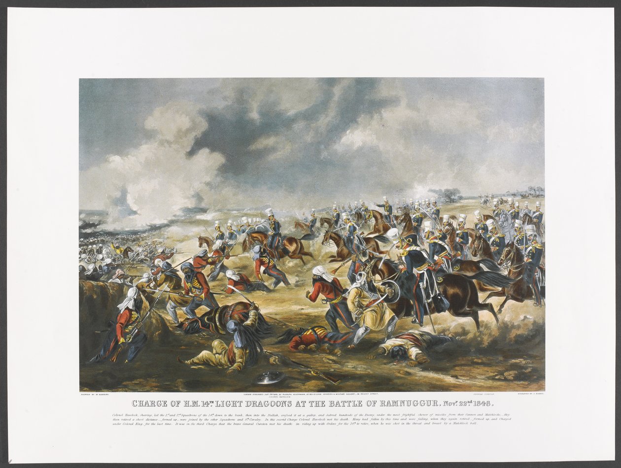 Obvinění H.M. 14. lehcí dragouni v bitvě u Ramnuggur, 22. listopadu 1848, vyryl J. Harris, kolem roku 1851 (barevné fotolitho) od Henry (after) Martens