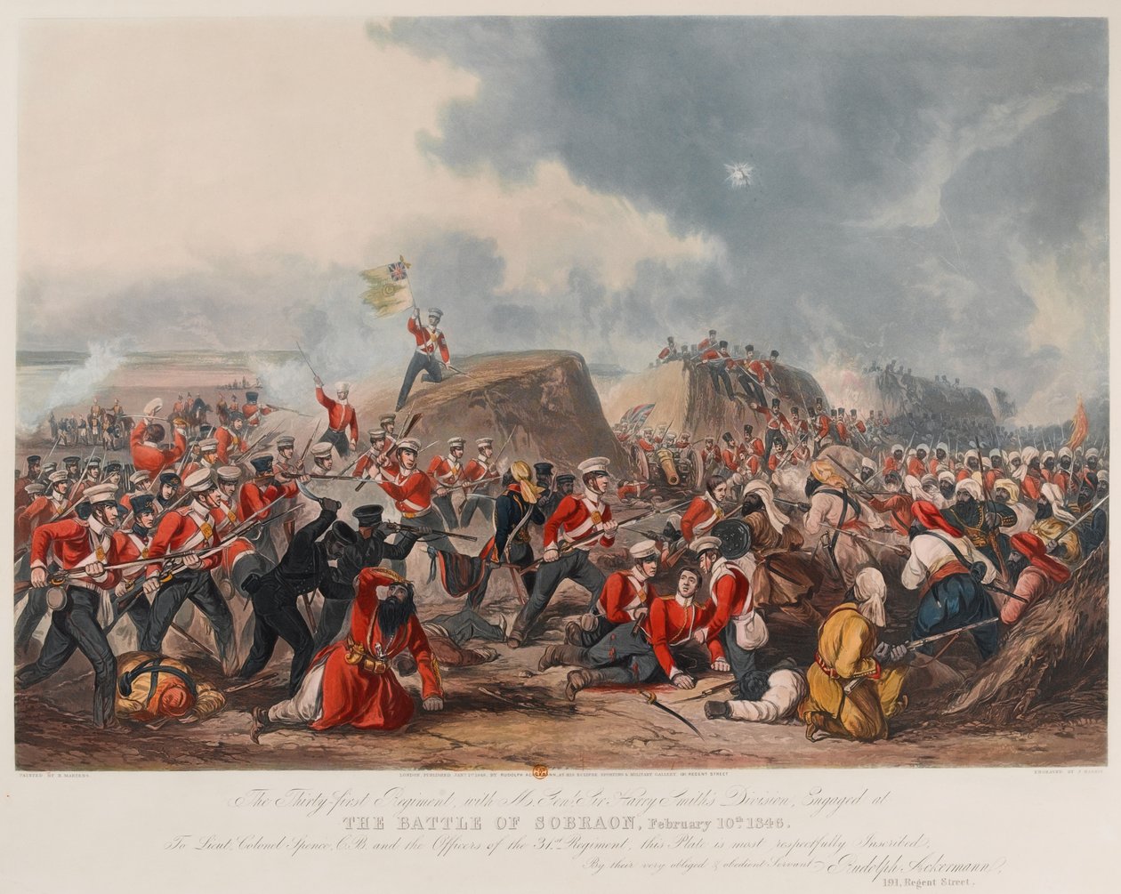 Bitva u Sobraonu 10. února 1846 (akvatinta, barevná) od Henry (after) Martens