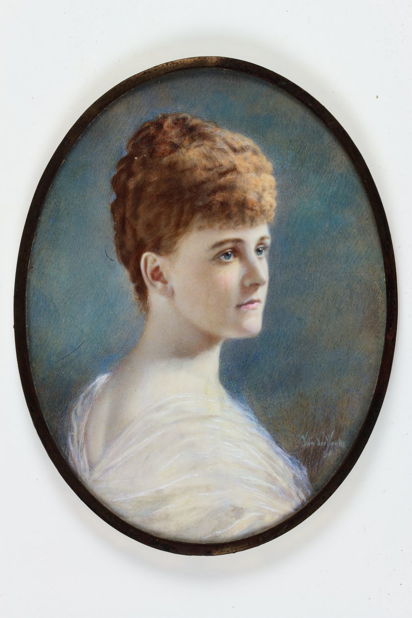 Dáma v bílých šatech, pravděpodobně Frances Evelyn (Daisy) Greville, rozená Maynard, Lady Brooke, později hraběnka z Warwicku od Henry (attr.to) Van der Weyde