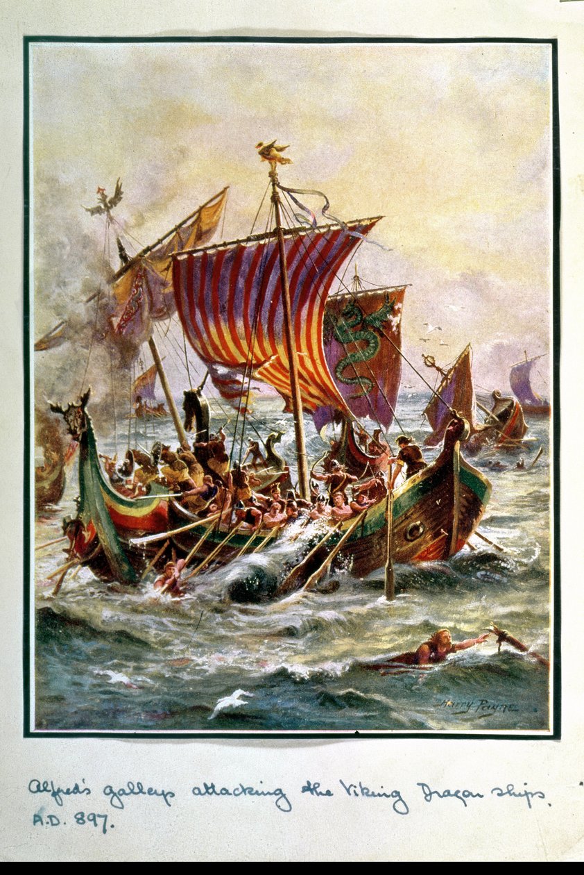 Alfredovy galéry útočící na vikingské dračí lodě, 897 n. l., ilustrace z 
