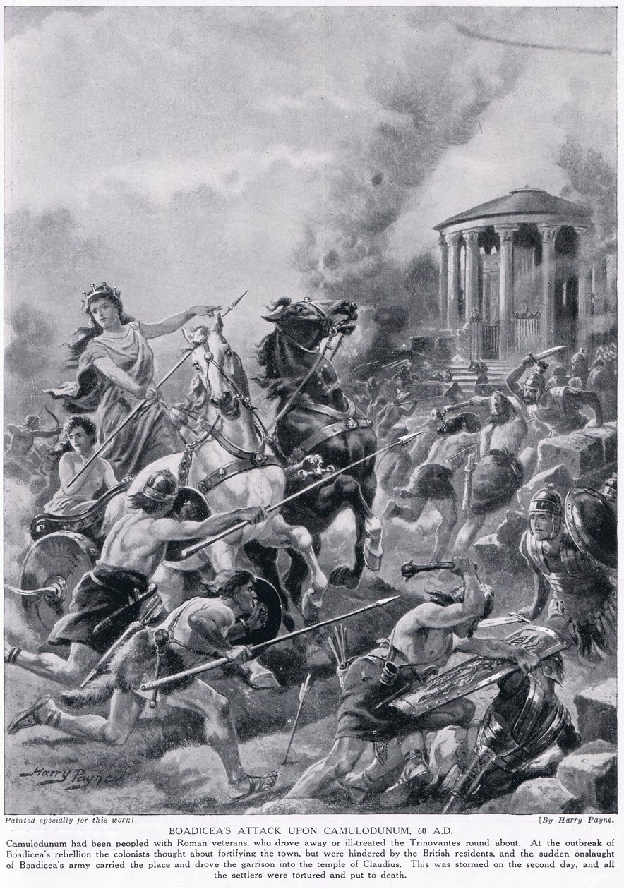 Boadiceův útok na Camulodunum v roce 60 našeho letopočtu, z „Hutchisonova příběhu britského národa“, kolem roku 1920 od Henry A. Payne