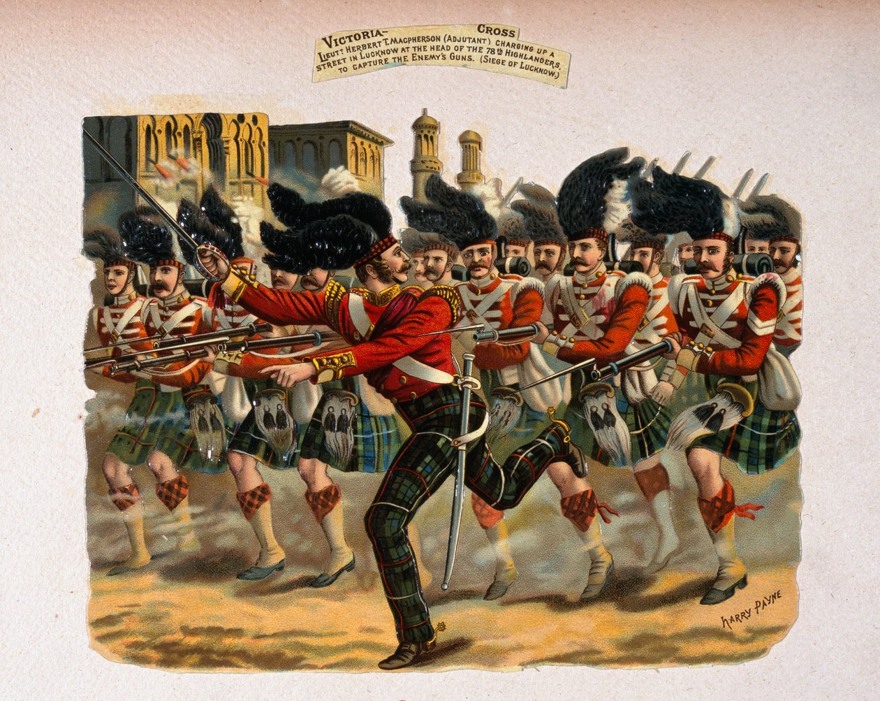 Poručík Herbert T. Macpherson útočí na ulici v Lucknow v čele 78th Highlanders, ze série nazvané ‚Victoria Cross Gallery, 1854-84‘, vydané v roce 1890 od Henry A. Payne