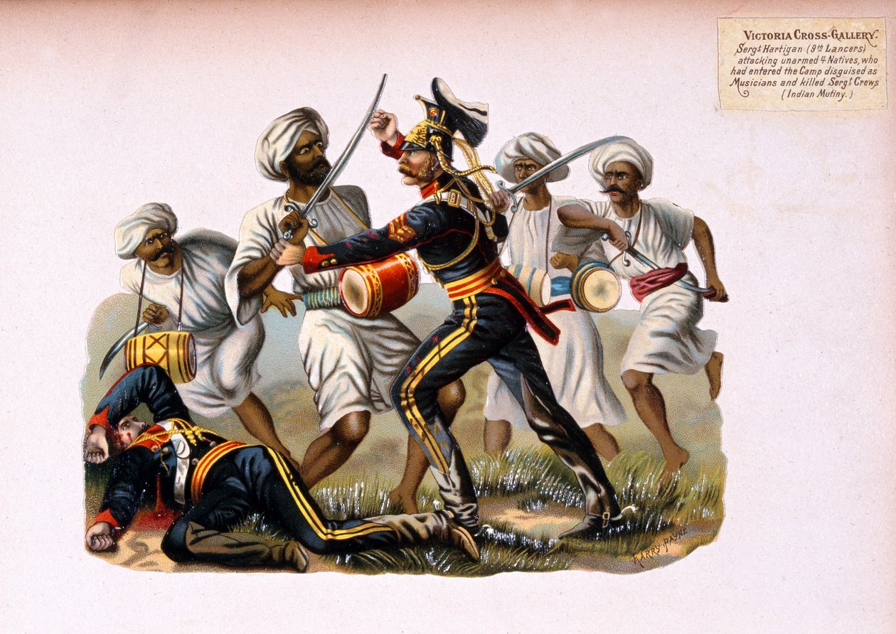 Seržant Hartigan, 9. kopiníci, útočí na neozbrojené 4 domorodce, kteří vstoupili do tábora v přestrojení za hudebníky, a zabili seržanta Crewse, Indian Mutiny, ze série nazvané „Victoria Cross Gallery 185“ od Henry A. Payne