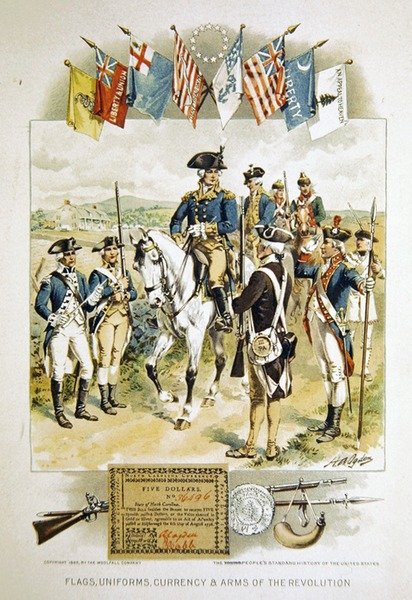 Americké vlajky, uniformy, měna a zbraně revoluce, ilustrace ze „Standardní historie mladých lidí ve Spojených státech“, vytištěné společností Woolfall Company od Henry Alexander (after) Ogden
