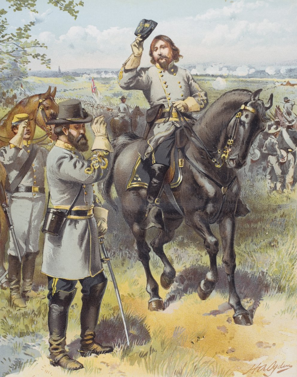 Generál Pickett přijímá rozkaz k útoku od generála Longstreeta, bitva u Gettysburgu, 3. července 1863 (barevně lito) od Henry Alexander (after) Ogden