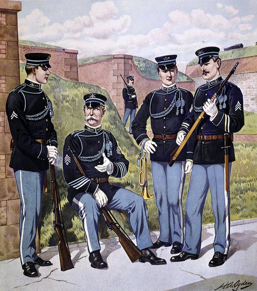 Americká pěchota v plné zbroji 1902-07 vyzbrojená americkou zásobníkovou puškou model 1903 (barevná litografie) od Henry Alexander (after) Ogden