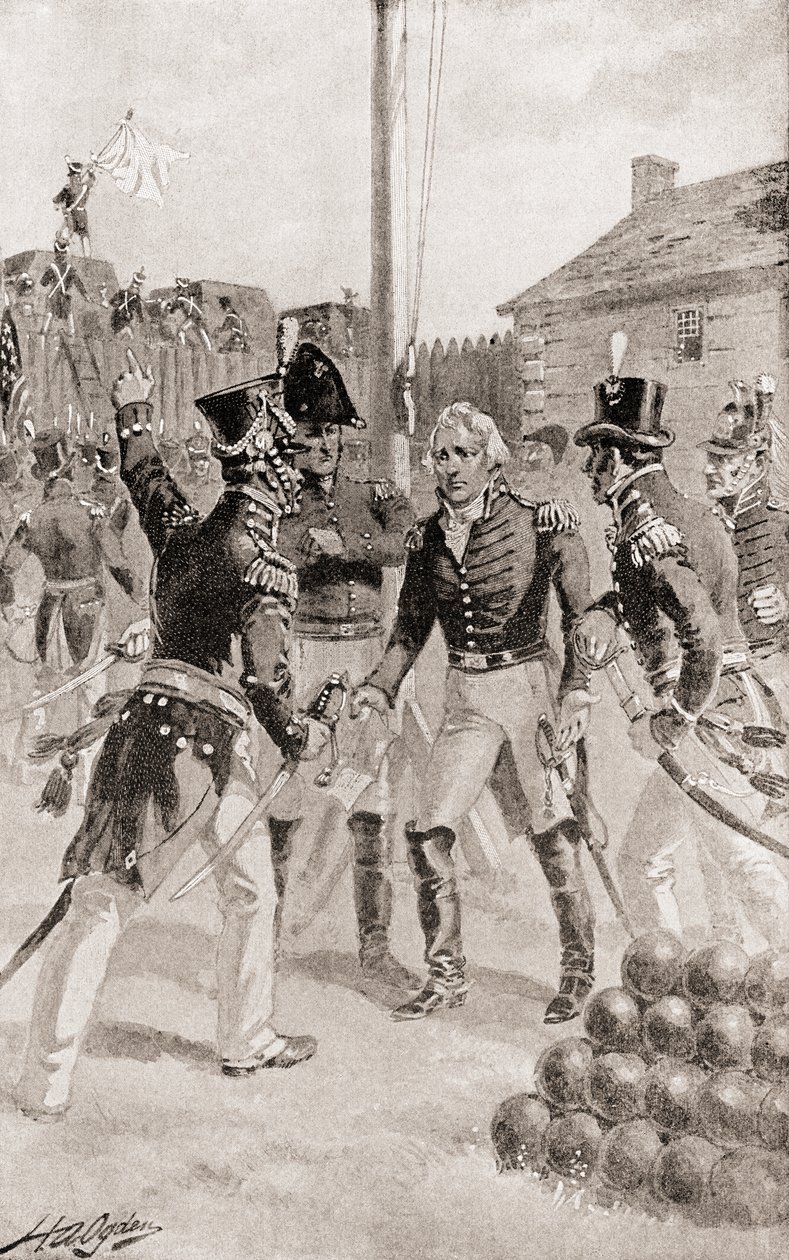 Brigádní generál William Hull se vzdává pevnosti a města Detroit, Michigan, Amerika během obléhání Detroitu, z Historie naší země, vydané 1905 od Henry Alexander Ogden