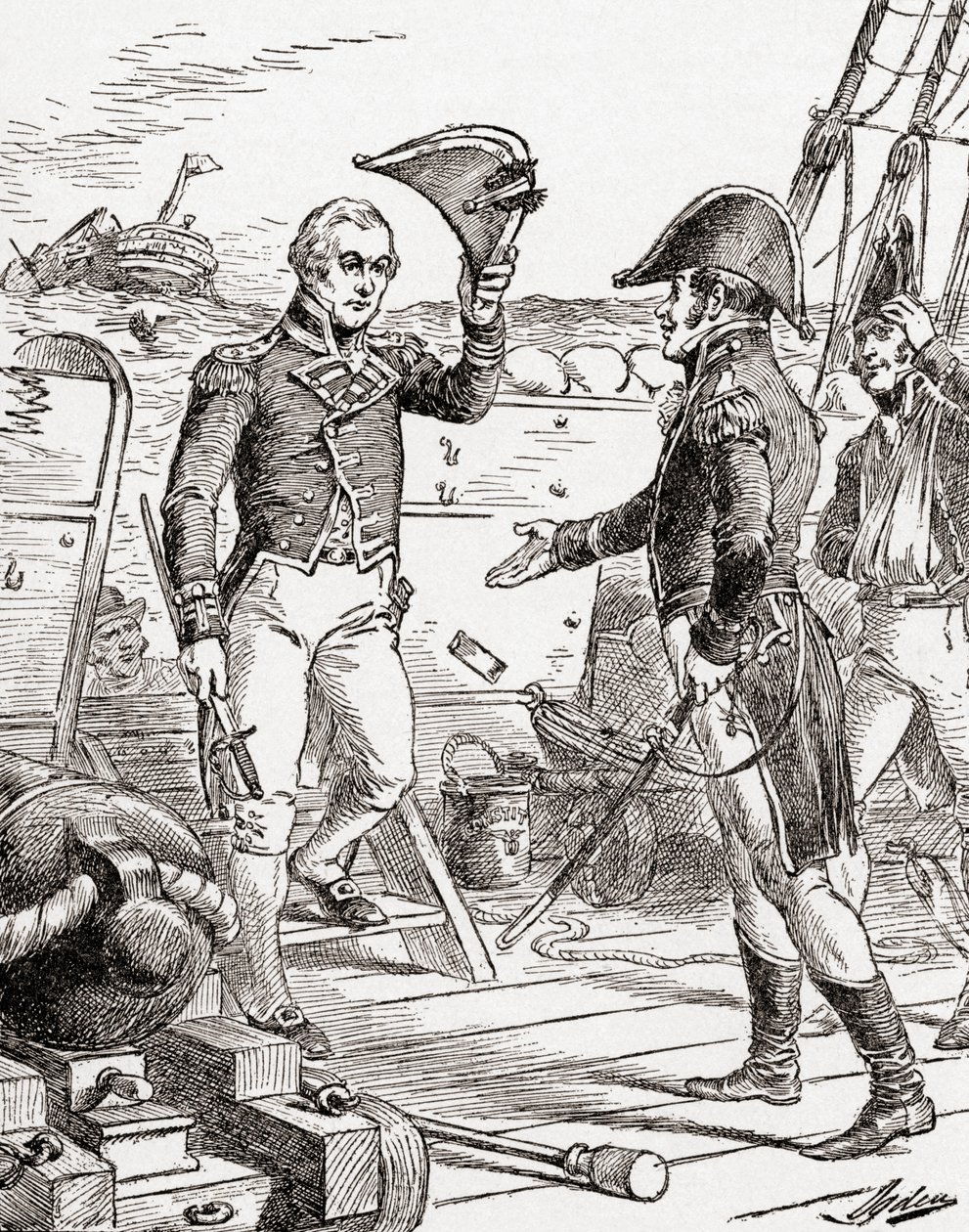 Kapitán Dacres z HMS Guerriere se vzdává a nabízí svůj meč kapitánu Hullovi na palubě USS Constitution po jeho porážce během války v roce 1812, z Historie naší země, vydané 19. od Henry Alexander Ogden