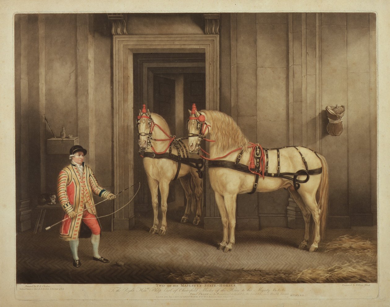 Dva státní koně Jeho Veličenstva, vyryto Williamem Wardem, 1. září 1800 (mezzotinta) od Henry Bernard Chalon