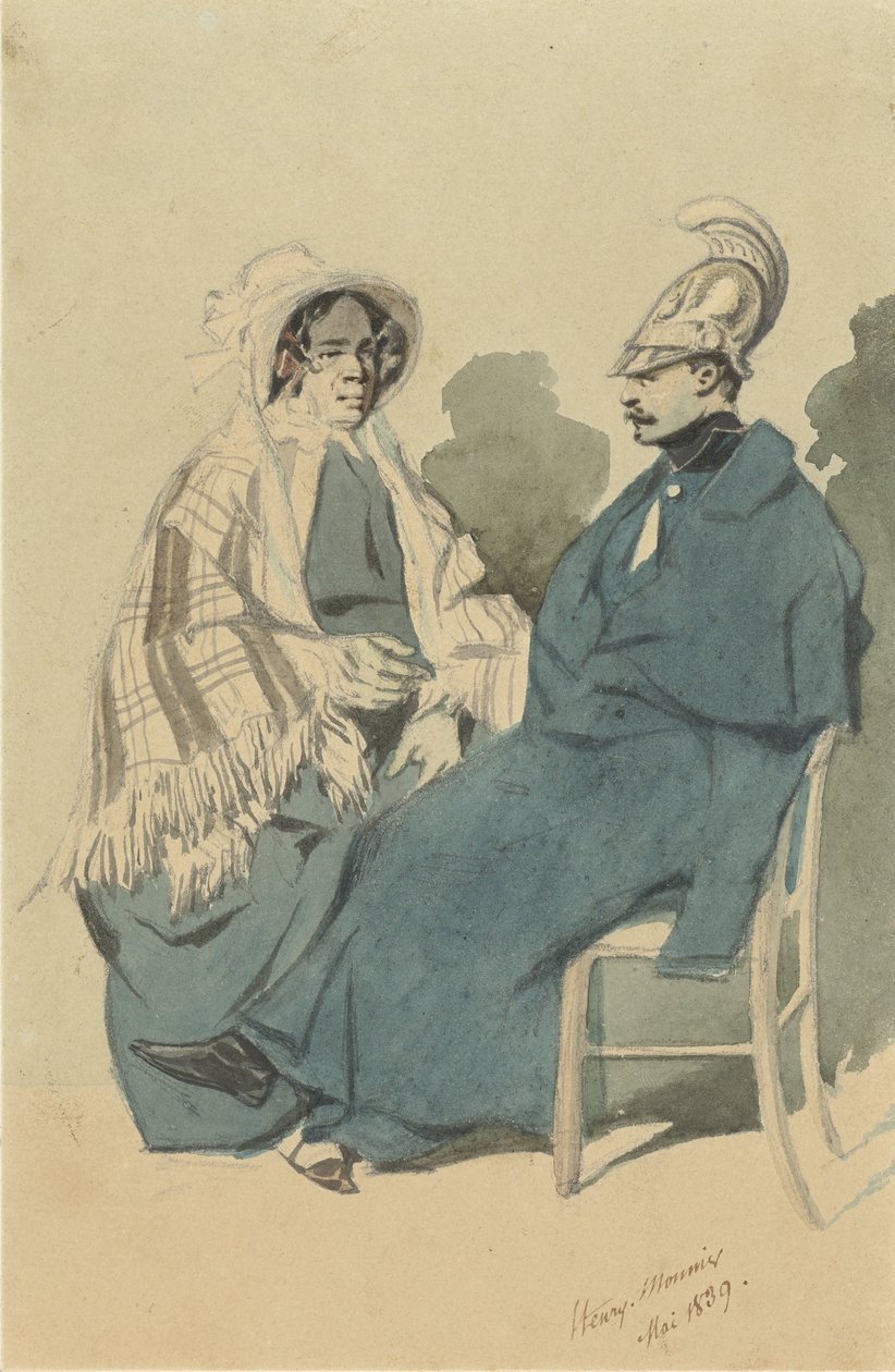 Kyrys s helmou a modrým pláštěm, sedící vedle staré dámy na cestovní toaletě od Henry Bonaventure Monnier