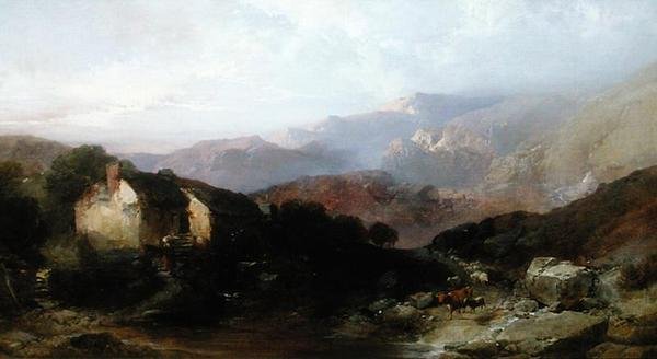 Pohled v severním Walesu s Overshot Mill, Cattle and Sheep (olej na plátně) od Henry Bright