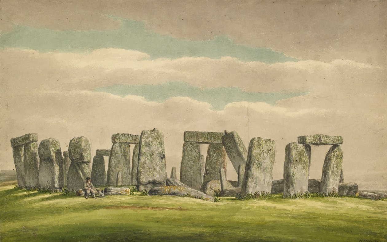 Stonehenge ze SZ, ukazující ruiny s člověkem a psem, 1824-1839 od Henry Browne
