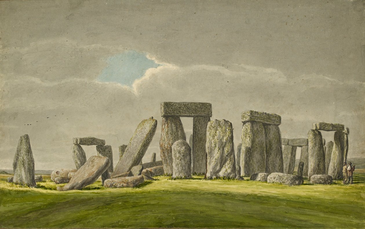 Stonehenge z J. E., zobrazující kameny ve zničeném stavu se 2 návštěvníky, 1824-1839 od Henry Browne