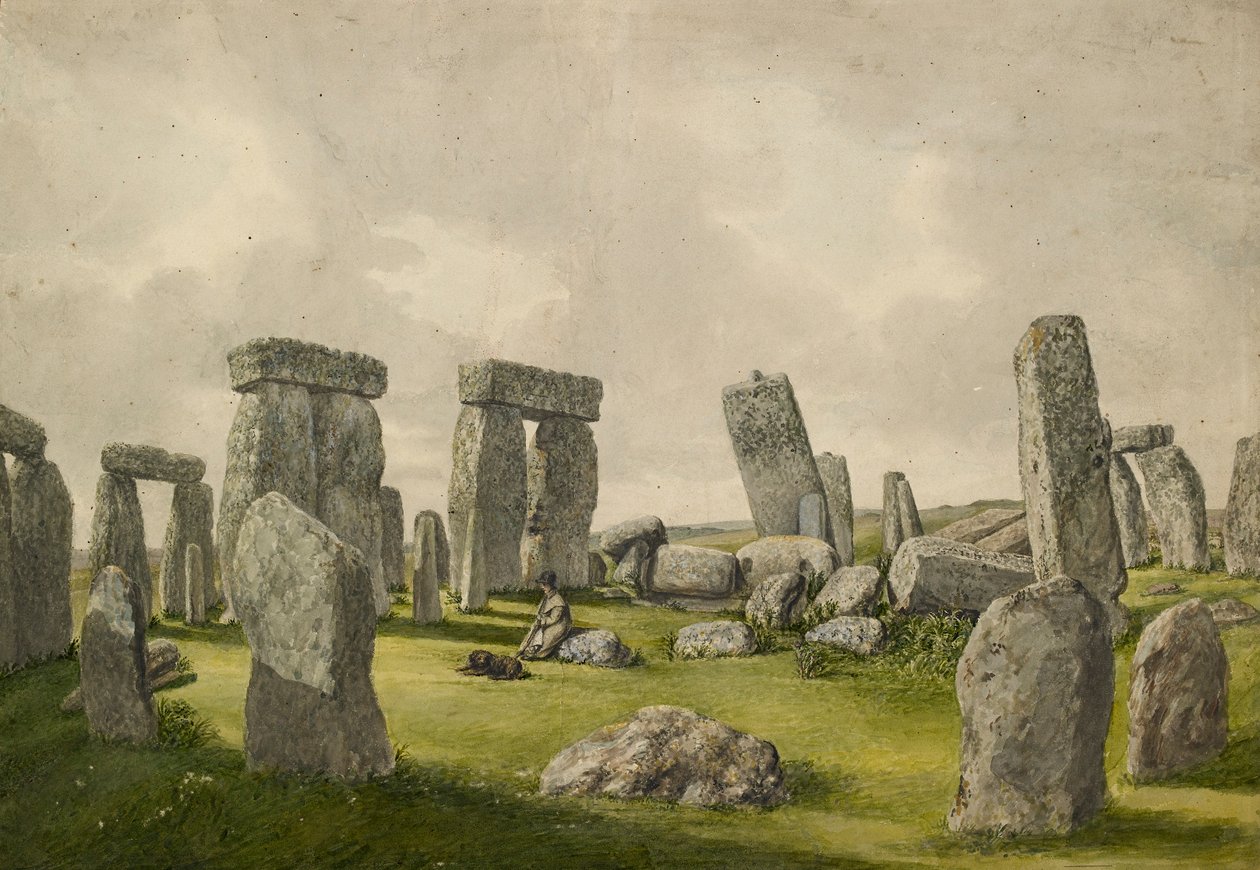 Interiér Stonehenge v jeho současném stavu, zobrazující interiér kamenů, člověka a psa, 1824-1839 od Henry Browne