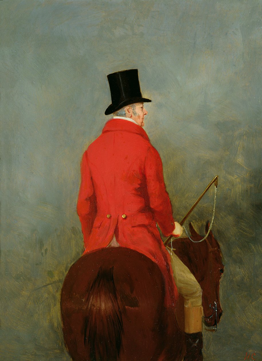 Portrét Thomase Cholmondeleye, prvního lorda Delamere, na jeho Hunter: Studie pro „The Cheshire Hunt at Tatton Park“ od Henry Calvert
