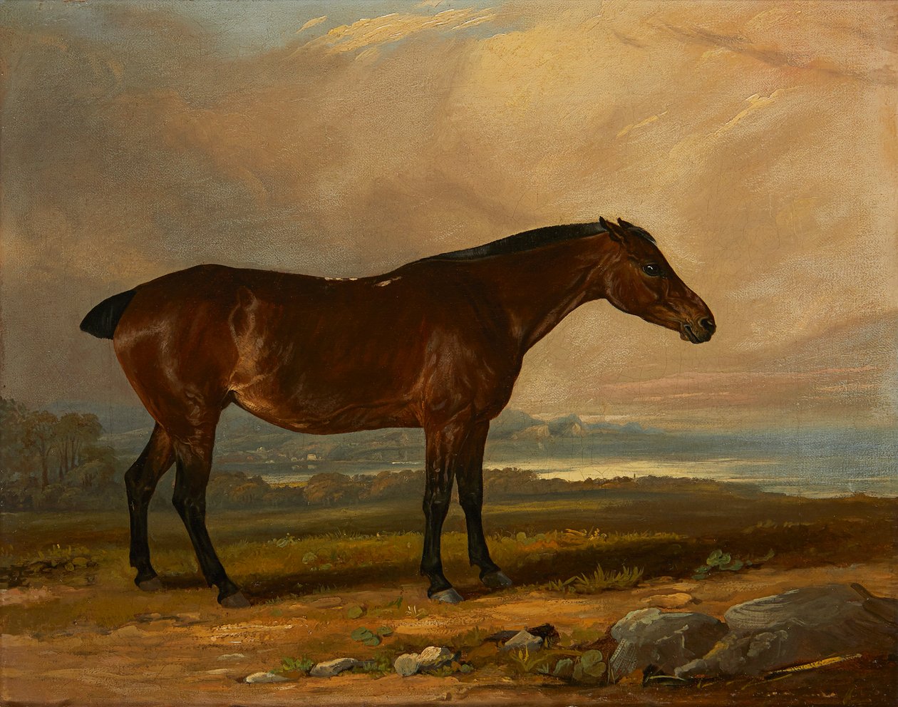 Studie lovce v zátoce v krajině (olej na plátně) od Henry Calvert