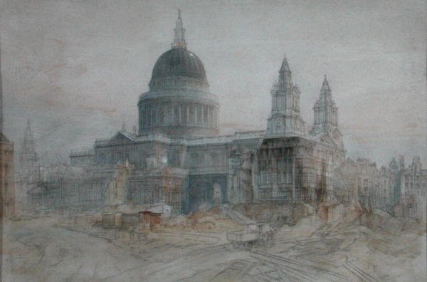 Katedrála svatého Pavla po válce, cca 1947 (akvarel a tužka na papíře) od Henry Charles Brewer